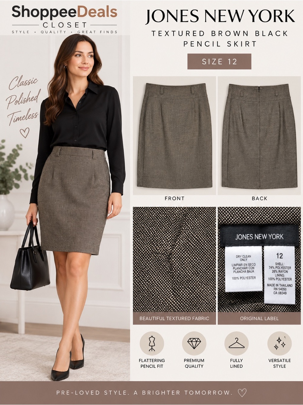 Jones New York Textured Brown Black Pencil Skirt Size 12